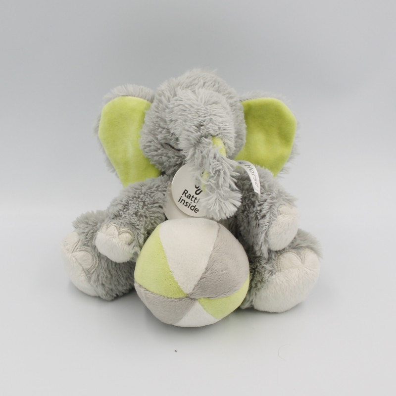 Doudou éléphant gris blanc vert avec balle HAPPY HORSE