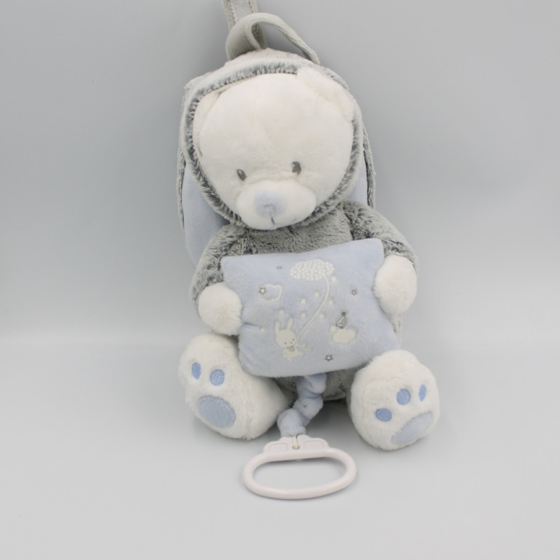 Doudou luminescent musical ours lapin gris bleu blanc étoiles coussin MOTS D'ENFANTS