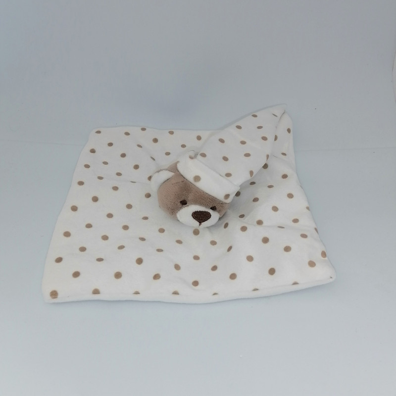 Doudou plat ours blanc beige marron pois