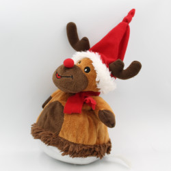 Doudou renne élan cerf beige marron rouge Noël