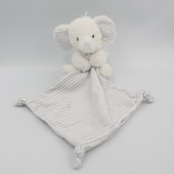 Doudou éléphant blanc gris rayé mouchoir NICOTOY