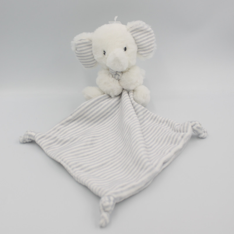 Doudou éléphant blanc gris rayé mouchoir NICOTOY