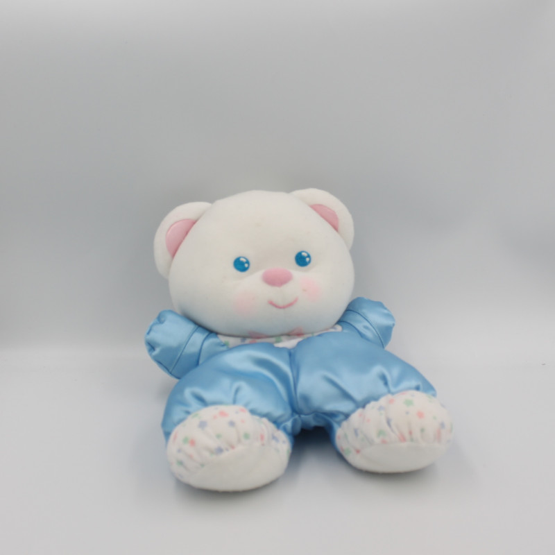 Ancien doudou peluche ours blanc bleu satin FISHER PRICE