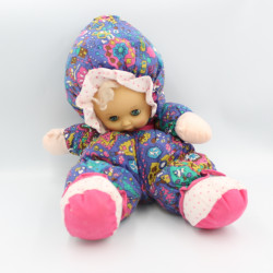 Ancienne poupée chiffon tissu bleu rose mauve motifs pois NICOTOY