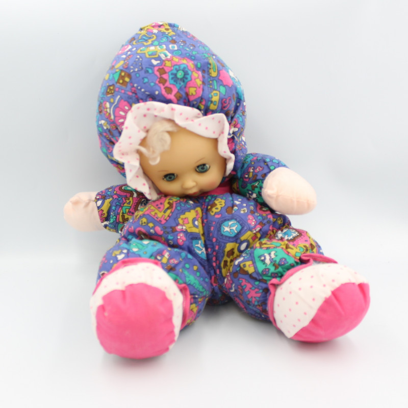 Ancienne poupée chiffon tissu bleu rose mauve motifs pois NICOTOY