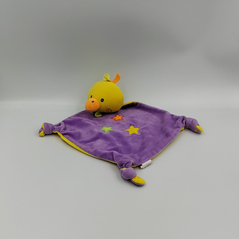 Doudou plat oiseau canard mauve violet jaune étoiles GMBH