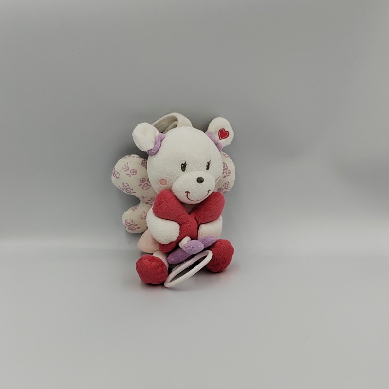 Doudou musical ours papillon blanc rose mauve fleurs POMMETTE