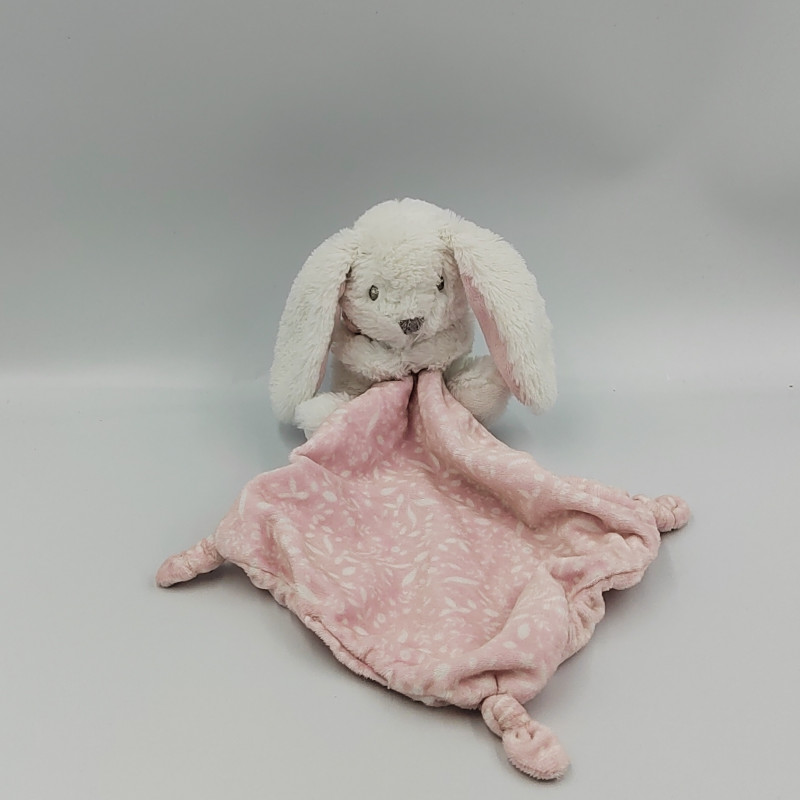 Doudou lapin rose blanc feuilles mouchoir NICOTOY