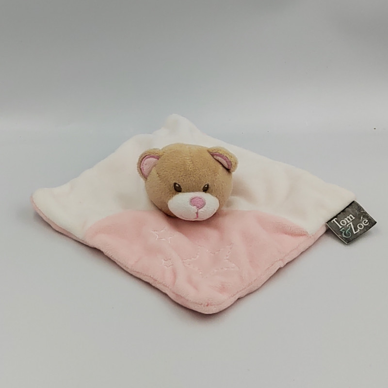 Doudou plat ours blanc rose étoiles TOM & ZOE