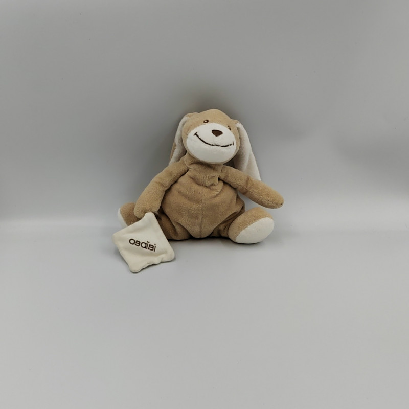 Doudou lapin beige marron avec mouchoir blanc OBAIBI