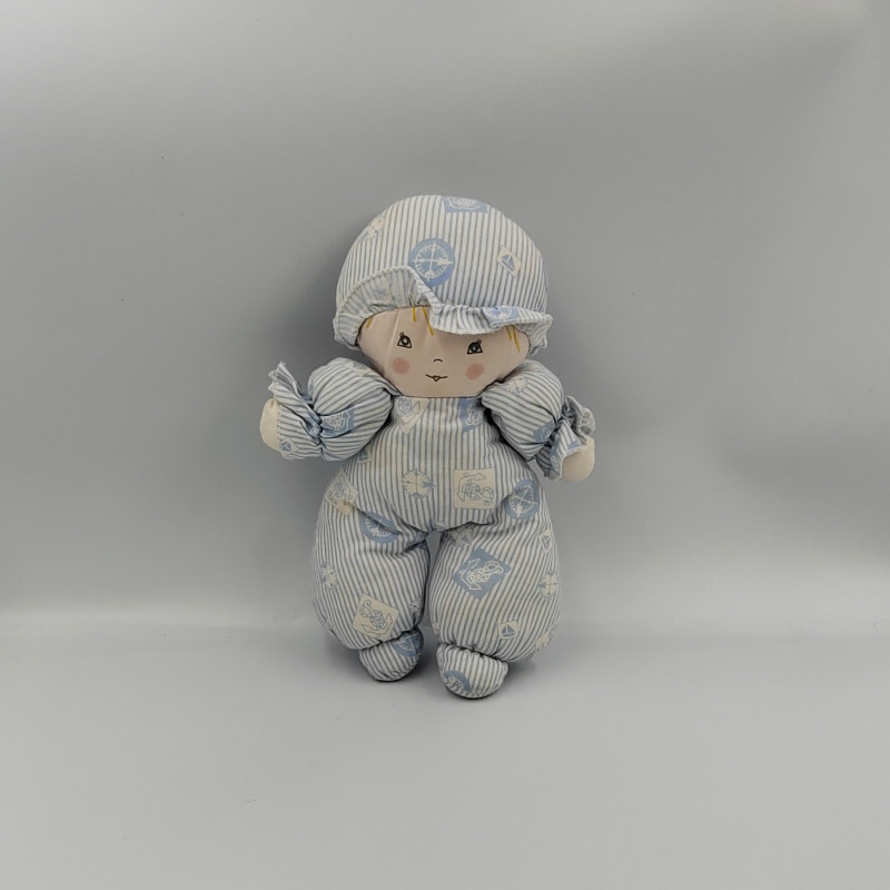 Doudou Poupée lutin bleu rayé motifs marin NOUNOURS