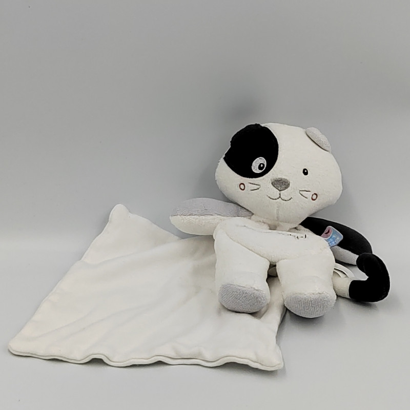 Doudou chat blanc noir mouchoir cajou SUCRE D'ORGE