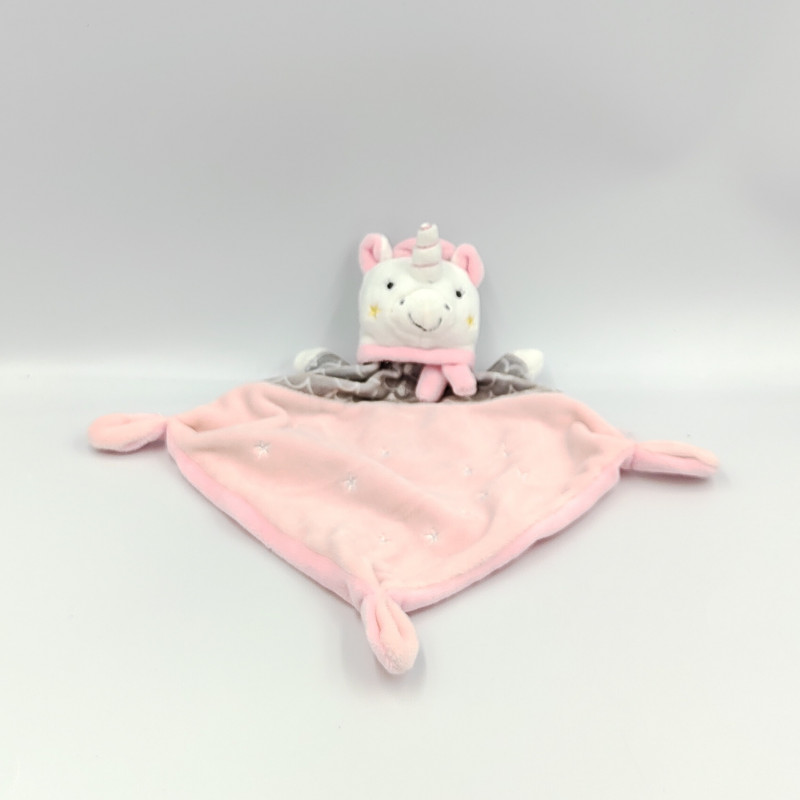 Doudou plat licorne rose gris blanc MOTS D'ENFANTS