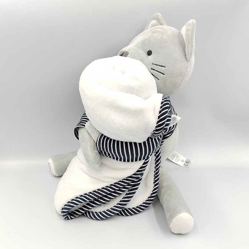 Doudou chat gris bleu rayé couverture plaid OBAIBI