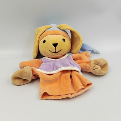 Doudou plat marionnette lapin orange mauve bleu NOUNOURS