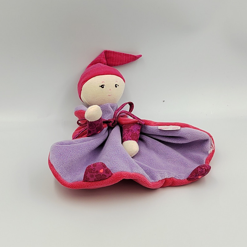 Doudou plat poupée rose mauve pois fleurs COROLLE