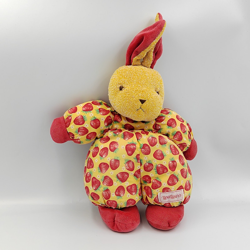 Doudou Lapin Nounours Jaune rouge motifs fraises - Mister Doudou : SOS  Doudou Perdu