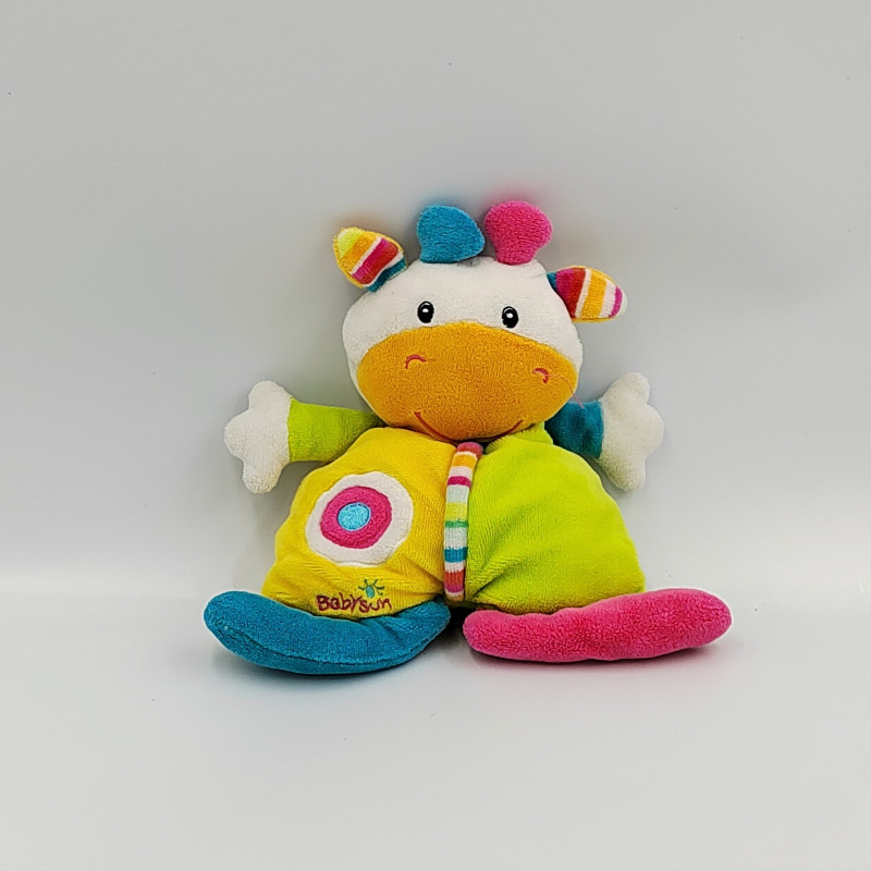 Doudou semi plat vache jaune vert bleu rose spirale BABYSUN