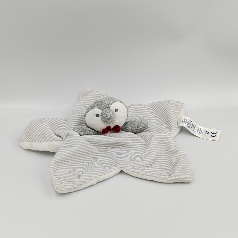 Doudou plat étoile pingouin manchot gris rayé OBAIBI