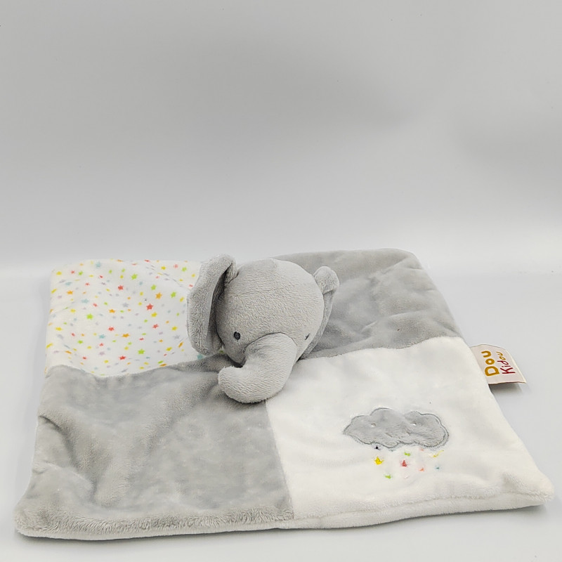 Doudou plat éléphant gris blanc étoiles DOUKIDOU