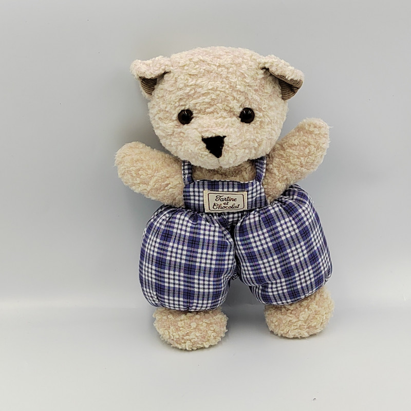 Doudou ours salopette carreaux bleu TARTINE ET CHOCOLAT