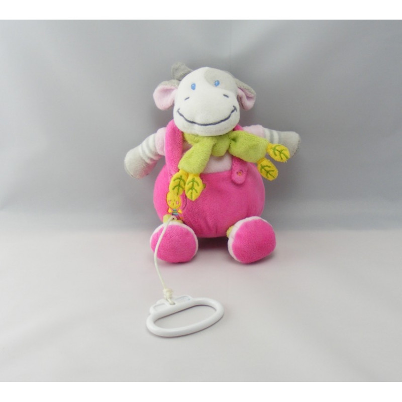 Doudou musical vache rose gris poussin foulard vert NICOTOY