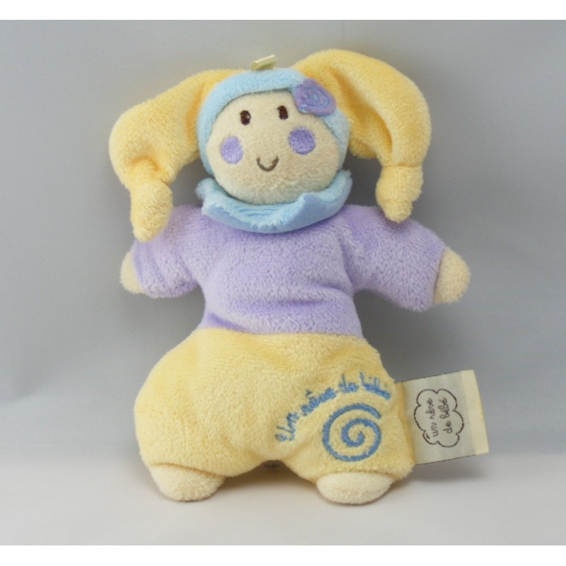 Doudou hochet lutin mauve jaune spirale REVE DE BEBE