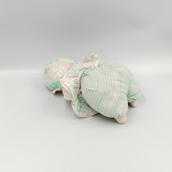 Ancien Doudou poupée chiffon tissu bleu vert rose fleurs COROLLE