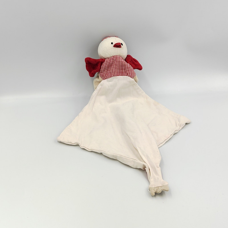 Doudou plat oiseau poule blanc rouge mouchoir BERLINGOT