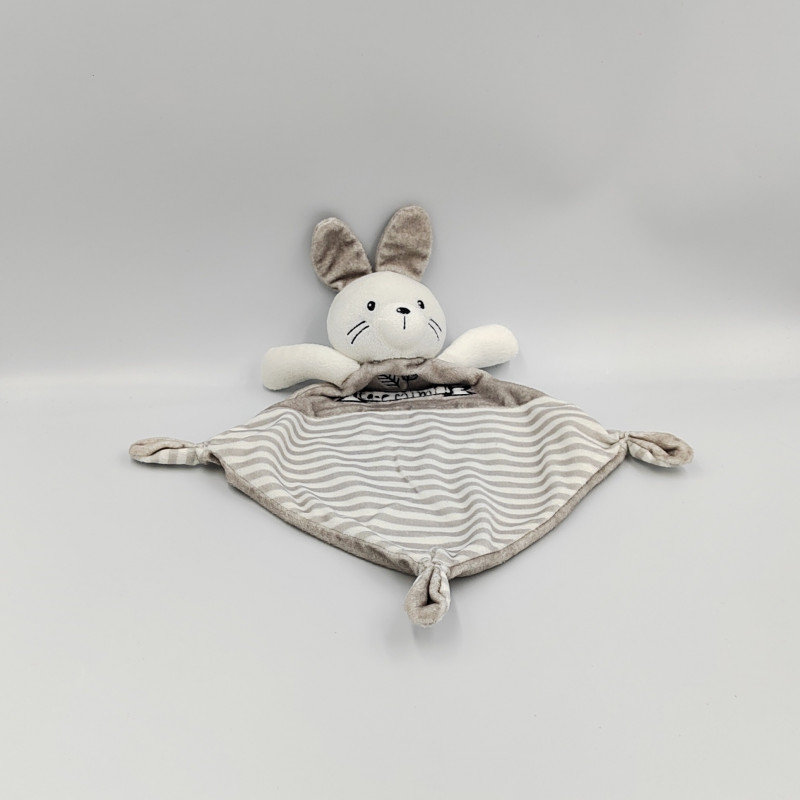 Doudou plat lapin blanc gris rayé Trop Mimi MOTS D'ENFANTS