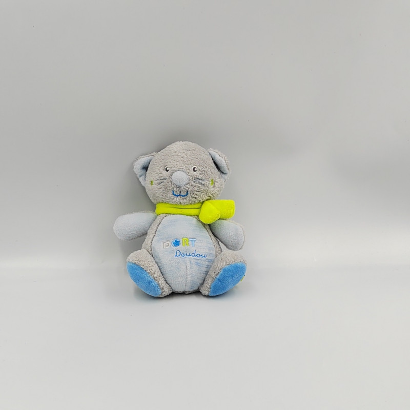 Doudou chat gris bleu vert SUCRE D'ORGE