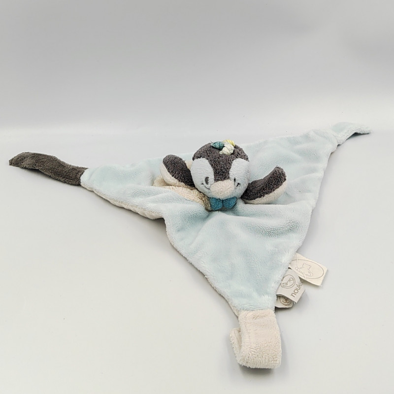 Doudou plat triangle oiseau pingouin gris bleu Louis NOUKIE'S