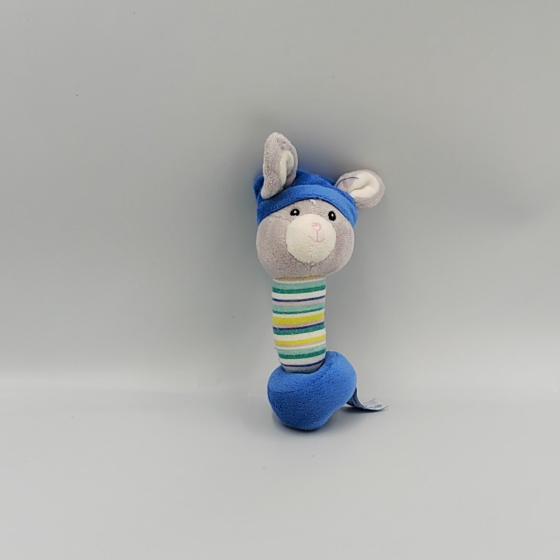 Doudou baton hochet lapin bleu gris rayé GIPSY