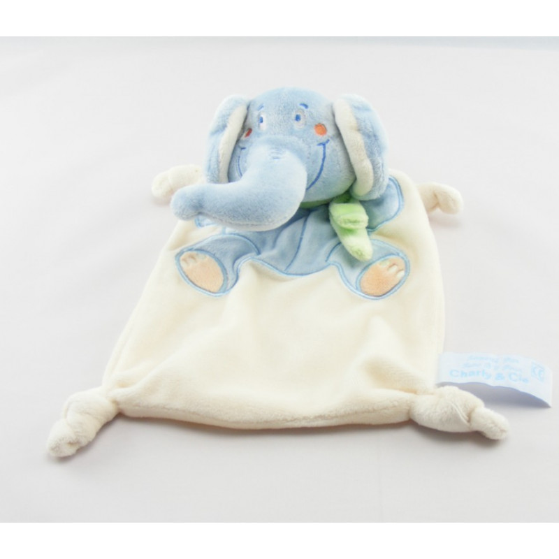 Doudou plat éléphant bleu foulard vert CHARLY ET CIE