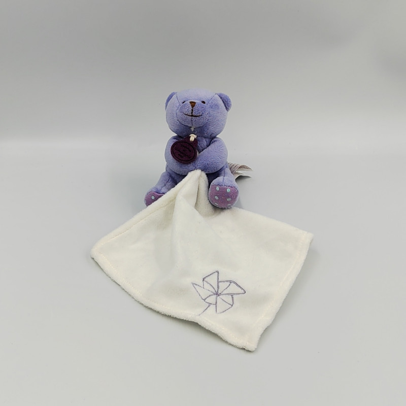 Doudou ours bleu violet pois mouchoir blanc Baby nat