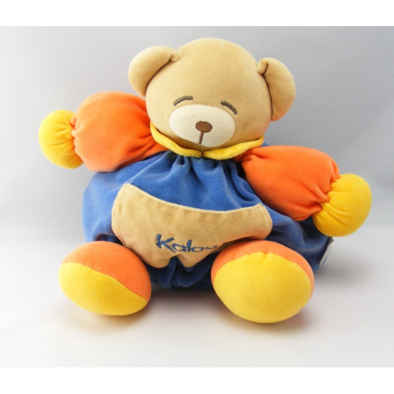 Doudou ours boule patapouf bleu jaune rouge col vert KALOO