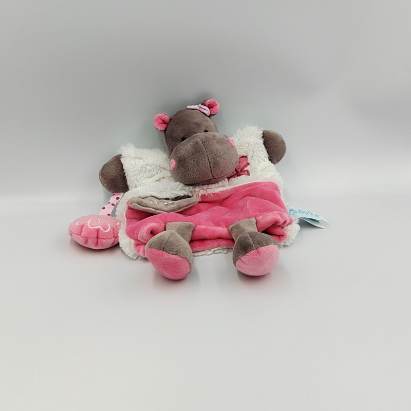 Doudou marionnette Hippopotame marron blanc rose Zoé Douillettes BABY NAT