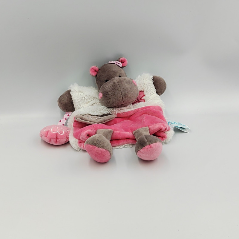 Doudou marionnette Hippopotame marron blanc rose Zoé Douillettes BABY NAT