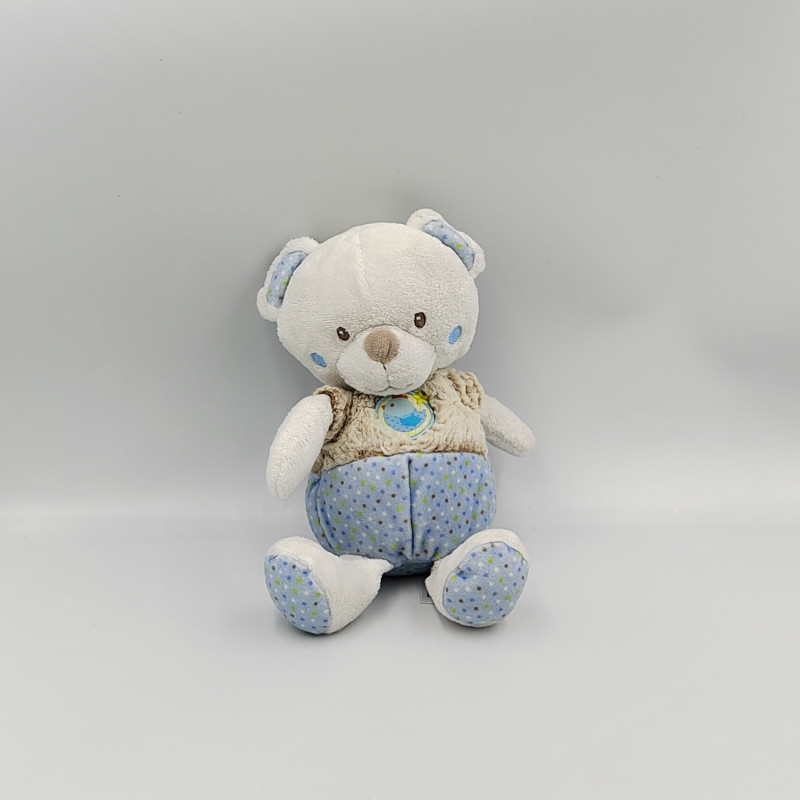 DOUDOU OURS BLANC BEIGE BLEU POIS