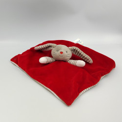 Doudou plat lapin rouge gris blanc rayé OBAIBI