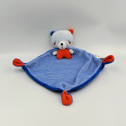 Doudou plat ours bleu rouge rayé cape MOTS D'ENFANTS