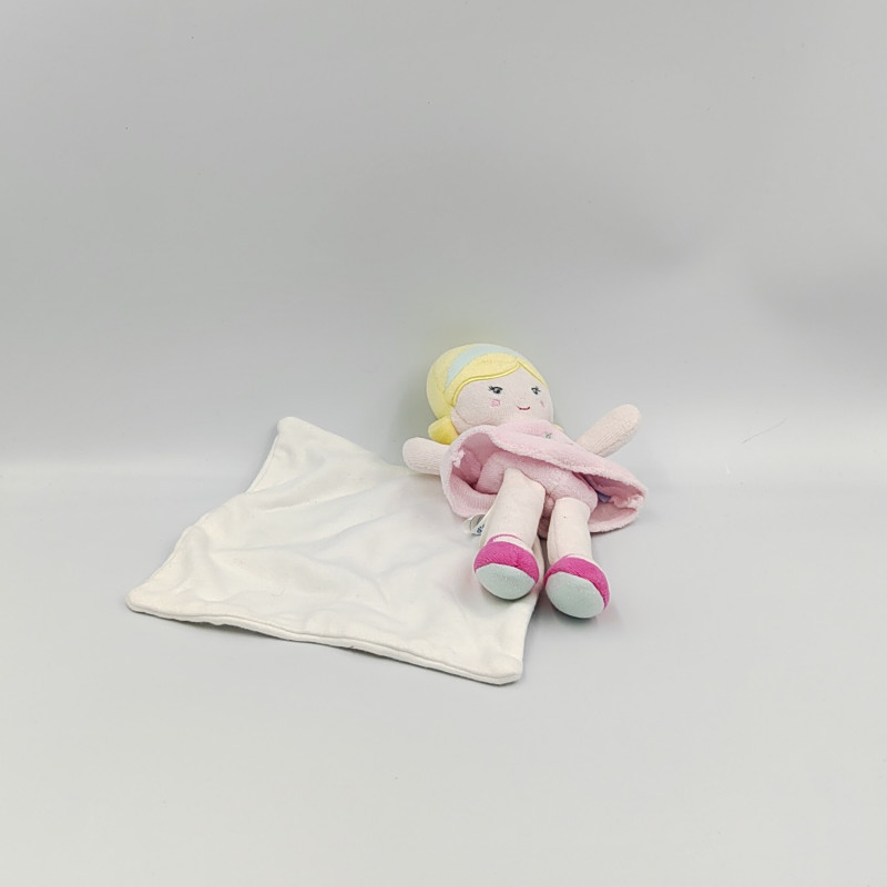 Doudou poupée blonde robe rose mouchoir SUCRE D'ORGE