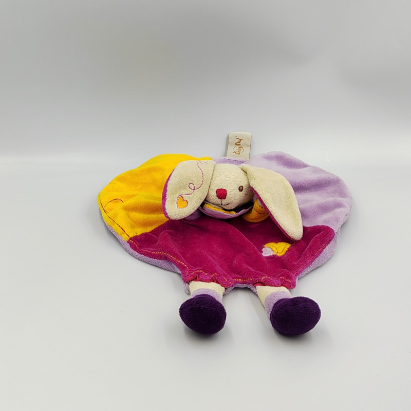 Doudou plat rond lapin mauve violet rose jaune coeur BABY NAT