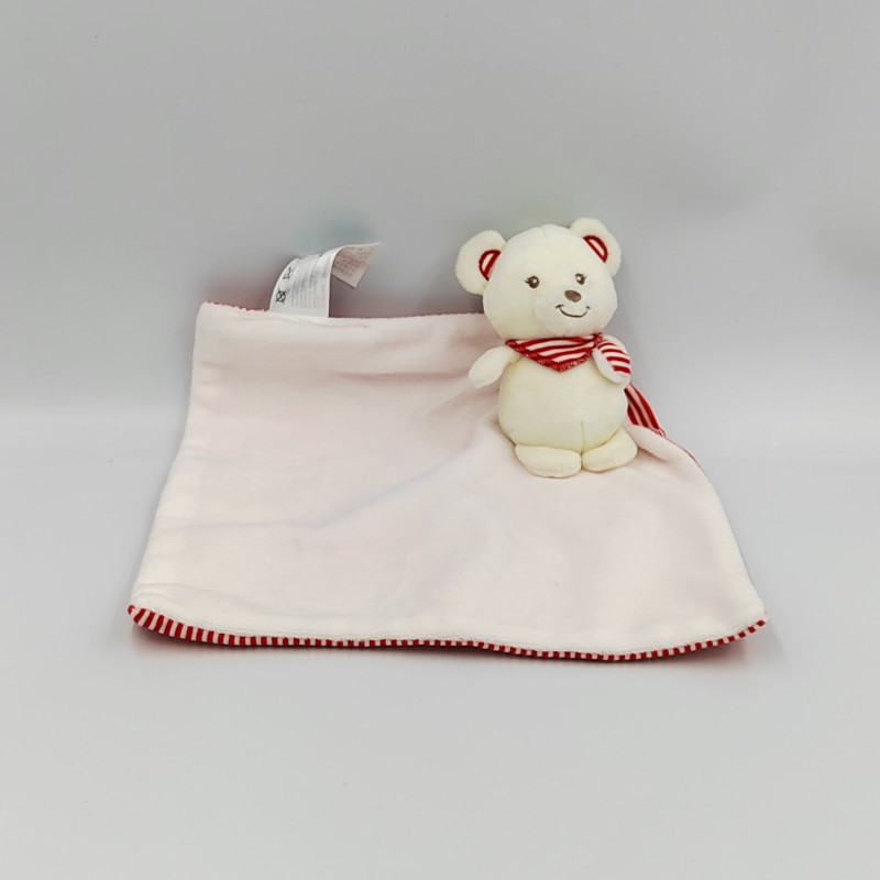 Doudou ours rouge blanc rayé mouchoir SHIMA