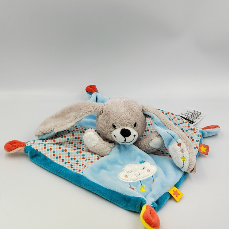 Doudou plat lapin gris bleu rouge INFLUX