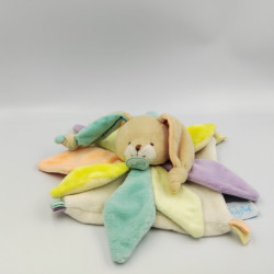 Doudou plat lapin blanc bleu vert jaune orange pétales Arc en ciel BABY NAT