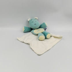 Doudou hippopotame Hippo bleu jaune mouchoir Cajou SUCRE D'ORGE