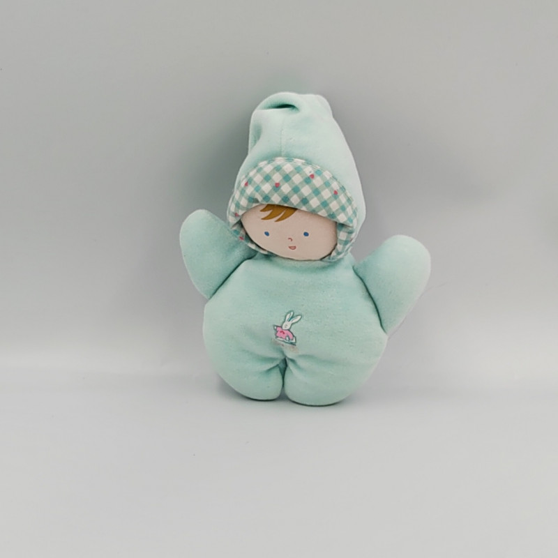 Doudou poupon poupée bébé bleu vichy lapin BABI COROLLE
