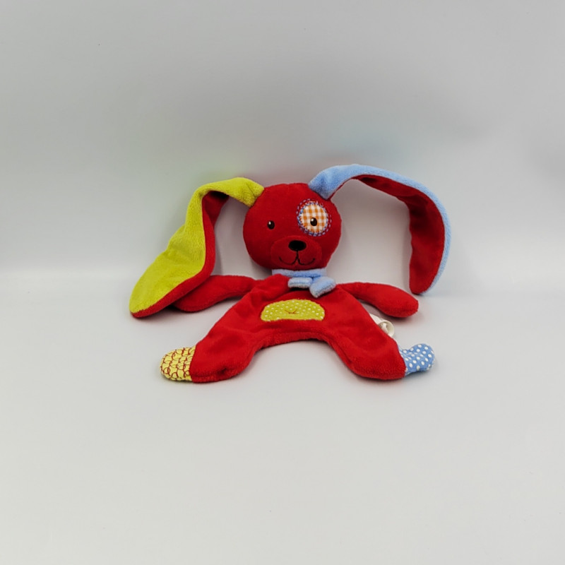 Doudou plat lapin rouge vert jaune bleu pois Nicotoy
