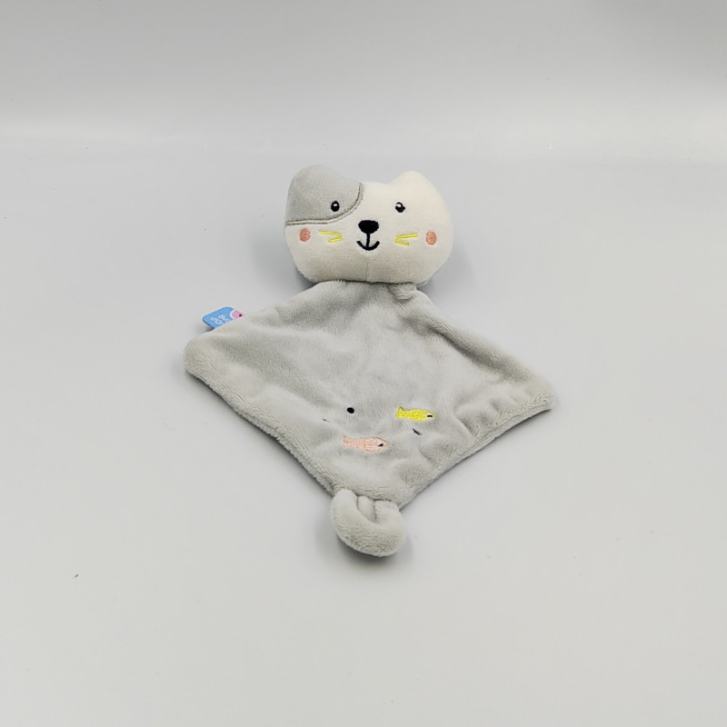 Doudou plat chat gris blanc poissons SUCRE D'ORGE